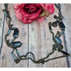 LOFT Black & Gray Double Chain Gun Metal, Enamel & Crystal Station Necklace 32"
